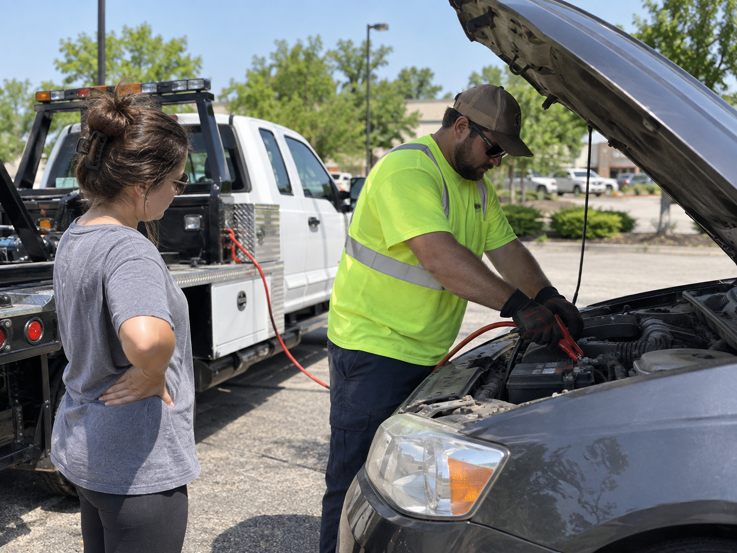 Roadside assistance worker providing a jump-start to a stranded car