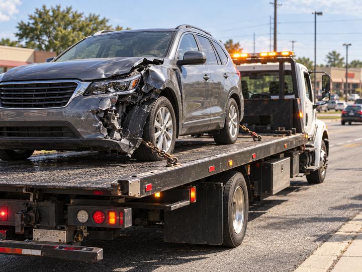 Damaged SUV loaded onto a flatbed tow truck after a collision