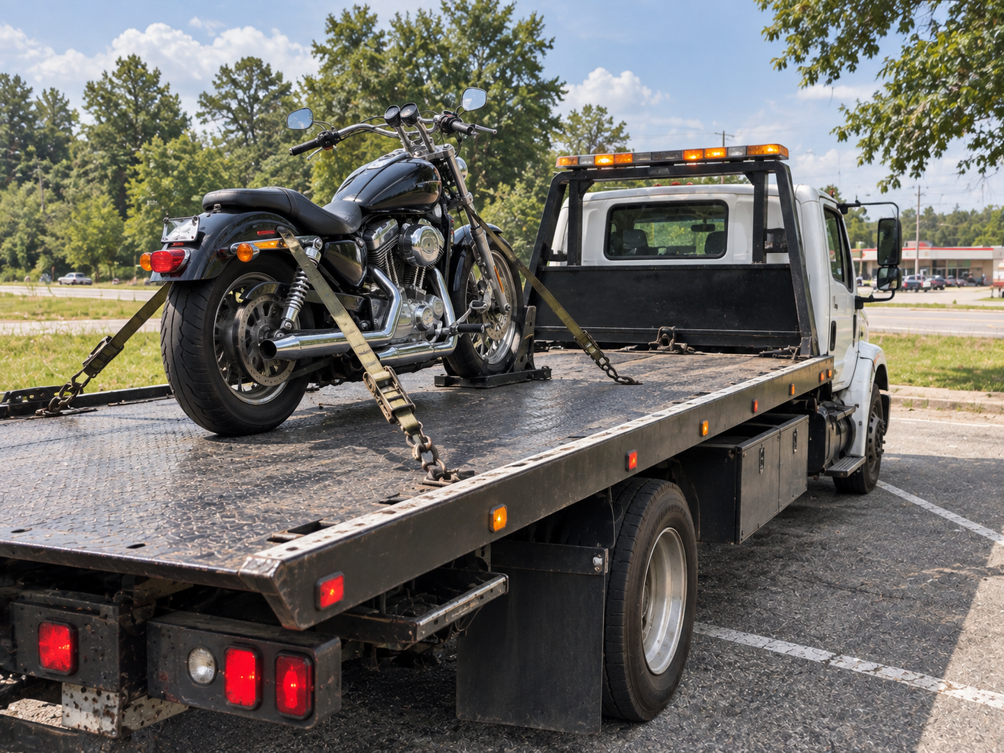 Motorcycle strapped securely to a flatbed tow truck for transport