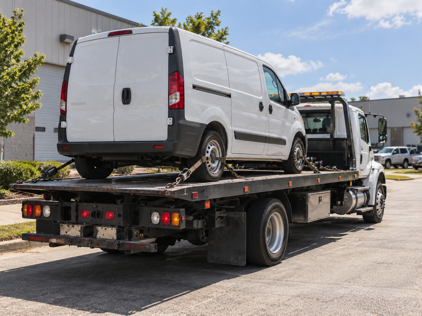 White cargo van strapped down on a flatbed tow truck for transport