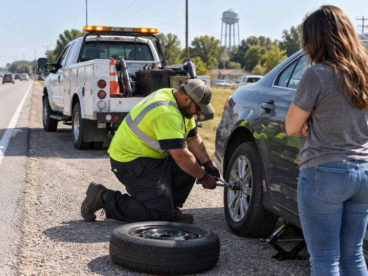 Roadside technician helping with a flat tire beside a tow truck