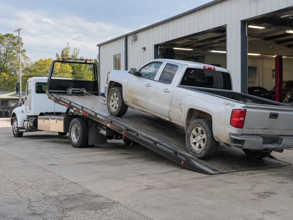 White pickup truck being winched onto a flatbed outside a repair shop
