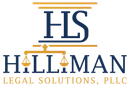 HLS Hillman Legal Solutions, PLLC logo in blue and gold with scales of justice icon