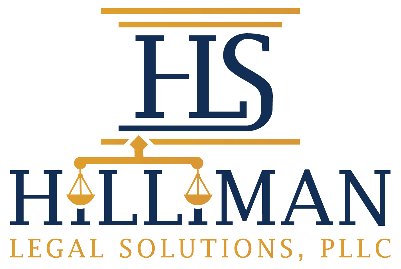 HLS Hillman Legal Solutions, PLLC logo in blue and gold with scales of justice icon