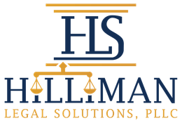 HLS Hillman Legal Solutions, PLLC logo in blue and gold with scales of justice icon