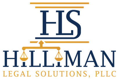 HLS Hillman Legal Solutions, PLLC logo in blue and gold with scales of justice icon