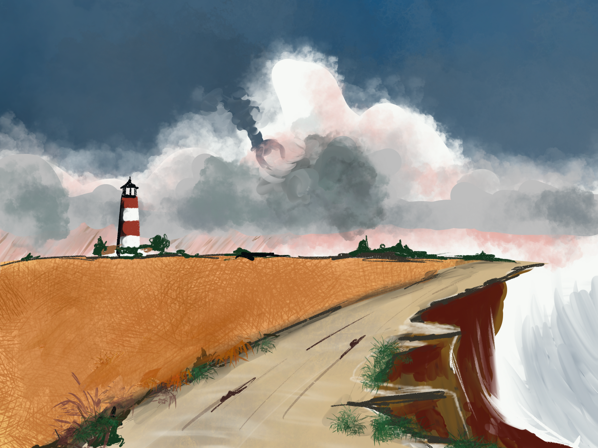 Re-creation of unknown artist's original work found on Pinterest: Stormy clouds and cliffside lighthouse