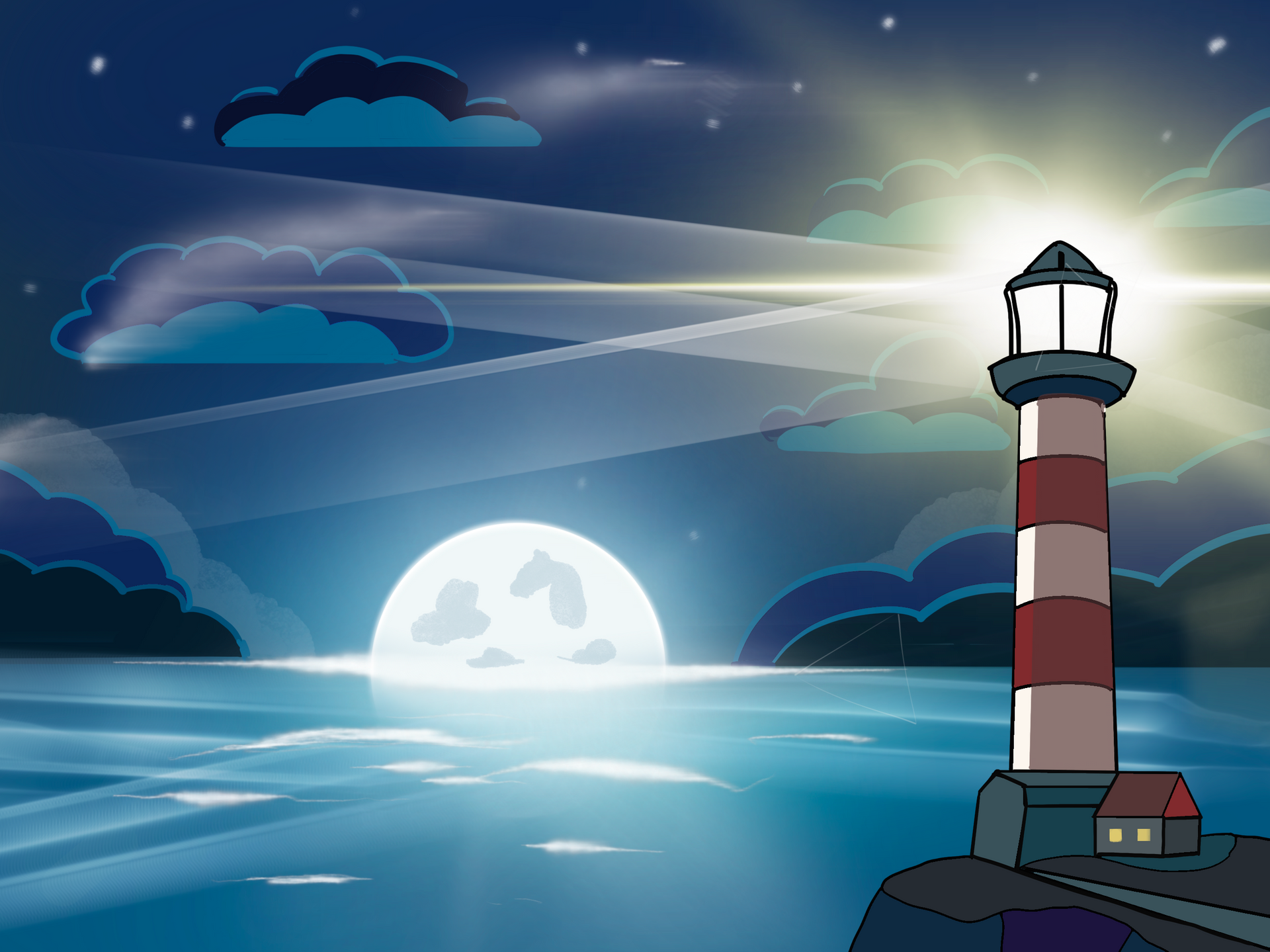 Re-creation of unknown artist's work on Pinterest: lighthouse at night with a full moon