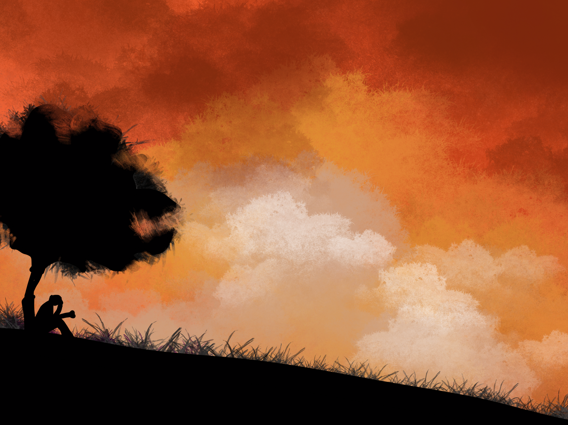 Re-creation of unknown artist's original work found on Pinterest: : A person is sitting under a tree on a hill at sunset.