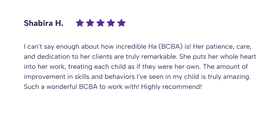 Five-star review praising a nurse named Shabira H. for care, dedication, and child’s progress