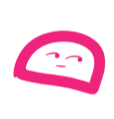 Pink cartoon face with closed eyes and a slight smile, outlined in magenta.