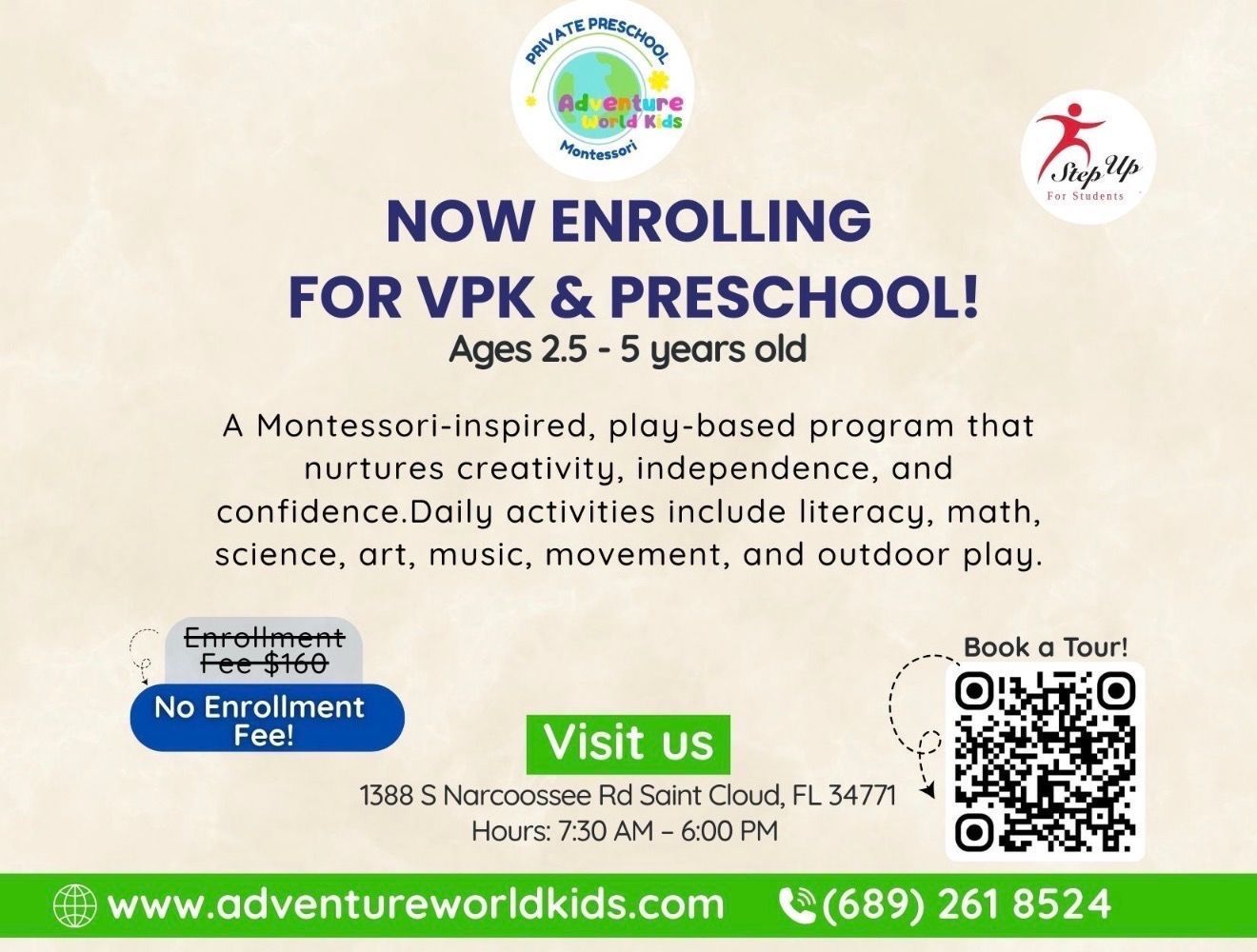 Ad for Adventure World Kids preschool enrollment, ages 2.5 to 5, with fees, hours, website, and contact details.