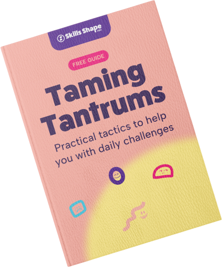 Pink-and-yellow book cover titled “Taming Tantrums” with subtitle “Practical tactics to help you with daily challenges”