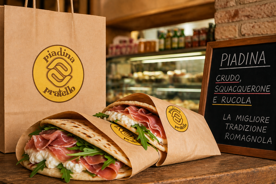 Piadina viene esposta su un bancone con sacchetti di marca e un menù scritto su una lavagna.