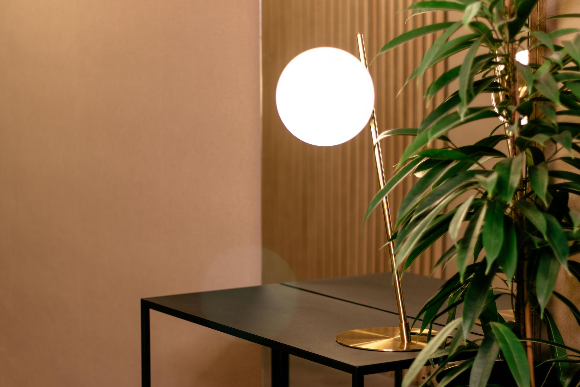 Minimalist lamp on black table beside a leafy plant in a warm-toned room