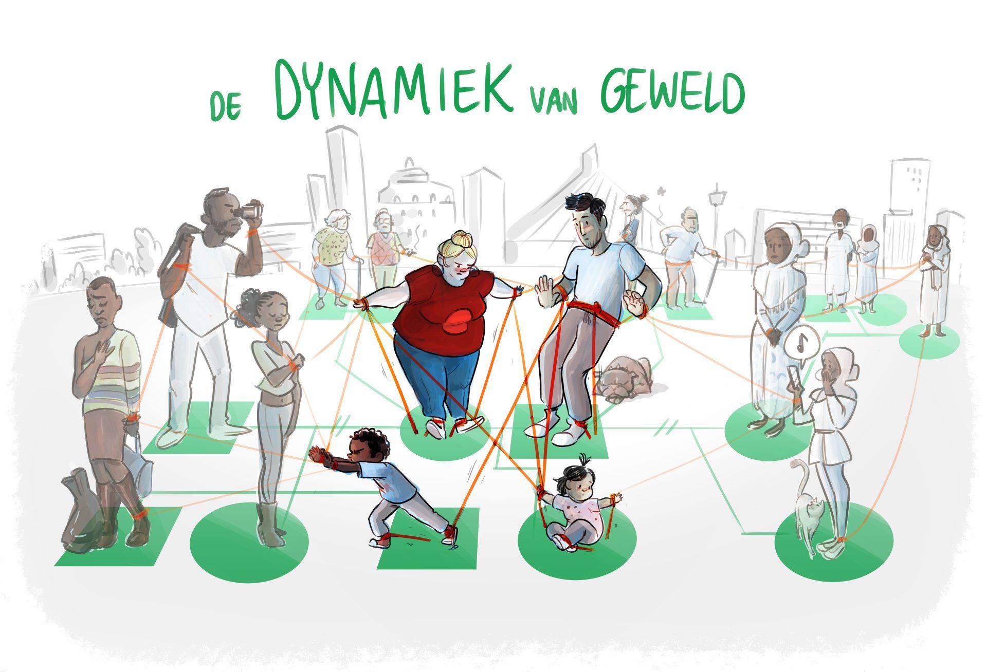 Een cartoon die mensen toont die met touwen verbonden zijn, waarmee de dynamiek van geweld wordt geïllustreerd, met een stadsachtergrond.