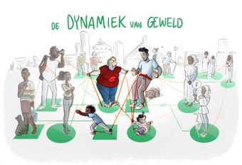 Een cartoon die mensen toont die met touwen verbonden zijn, waarmee de dynamiek van geweld wordt geïllustreerd, met een stadsachtergrond.