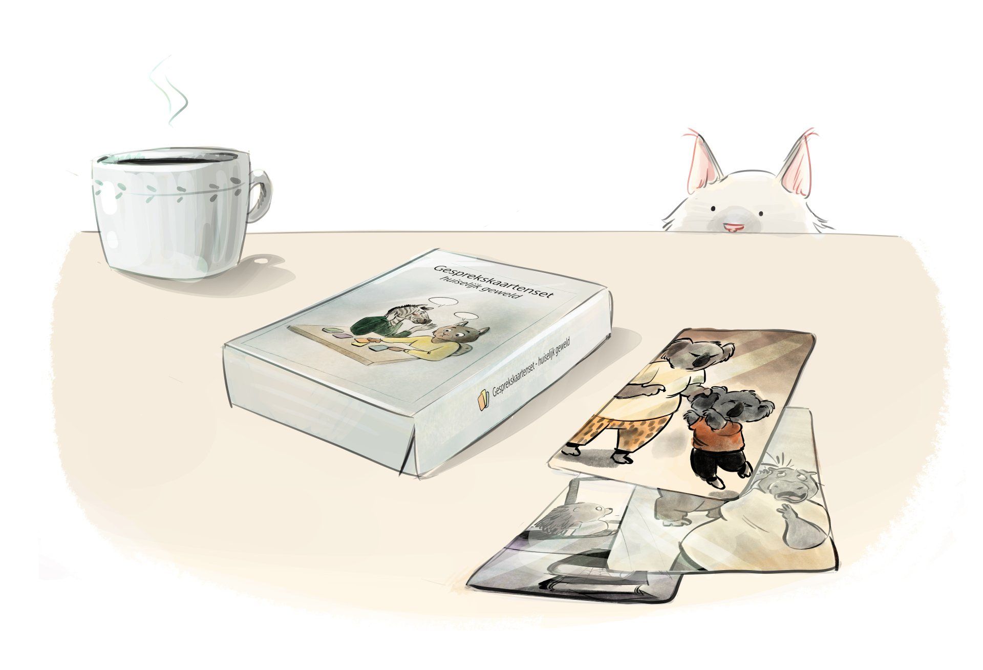 Een konijntje gluurt over de rand van een tafel waarop een koffiekopje, een pak kaarten en foto's staan.