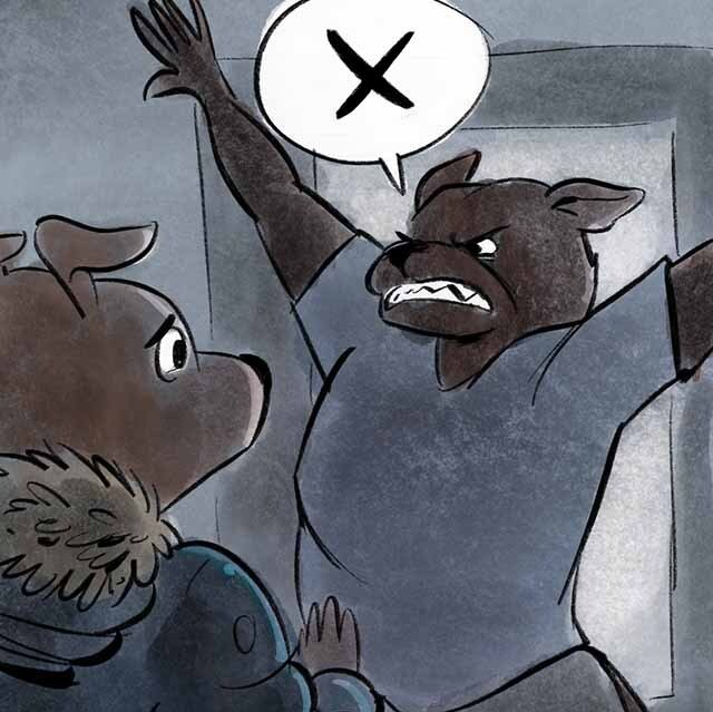 Een hondachtig figuurtje gebaart boos omhoog met een