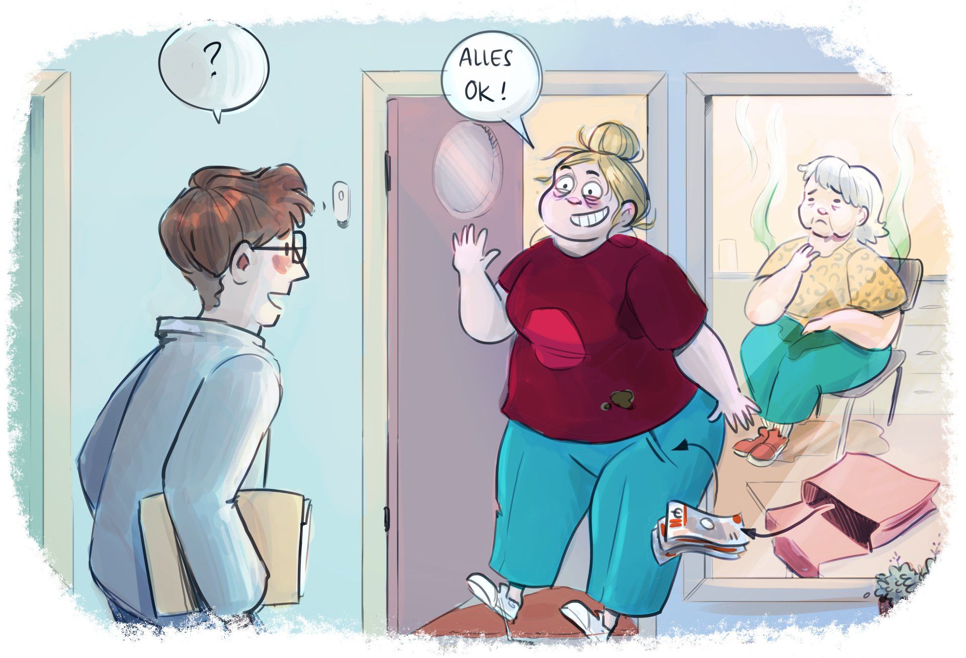 Iemand met een ballon verwelkomt een ander, terwijl een oudere persoon toekijkt vanuit een rommelige kamer.
