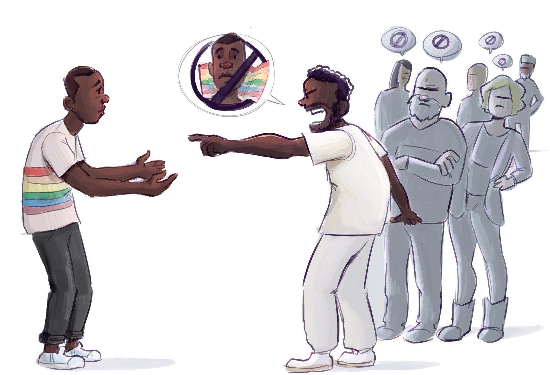 Een persoon in een regenboogshirt staat tegenover iemand die boos wijst, terwijl andere figuren afkeurend toekijken.