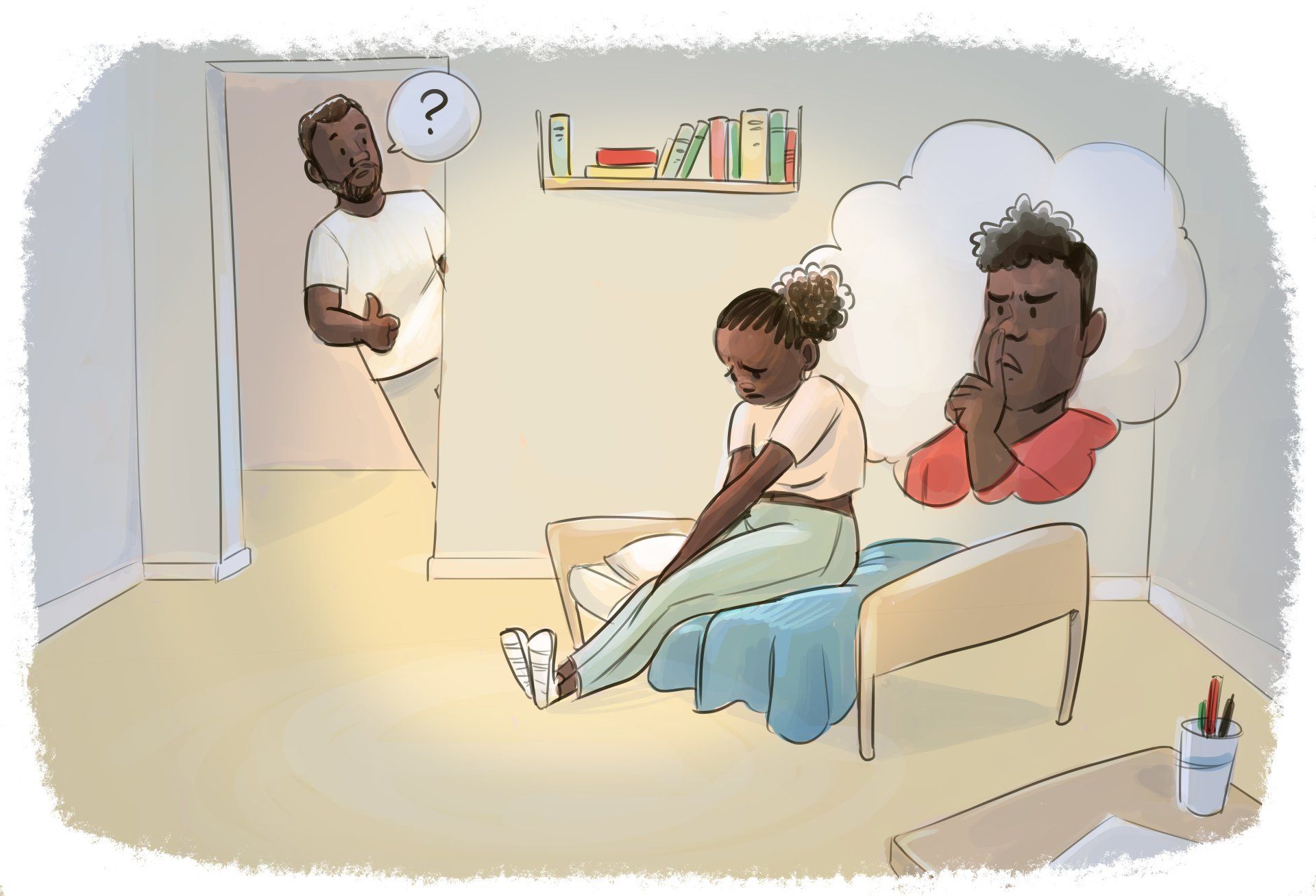 Een persoon zit op een bed, ziet er verdrietig uit, met een gedachtebubbel van een andere persoon. Een derde persoon gluurt door een deuropening, met een bezorgde blik.
