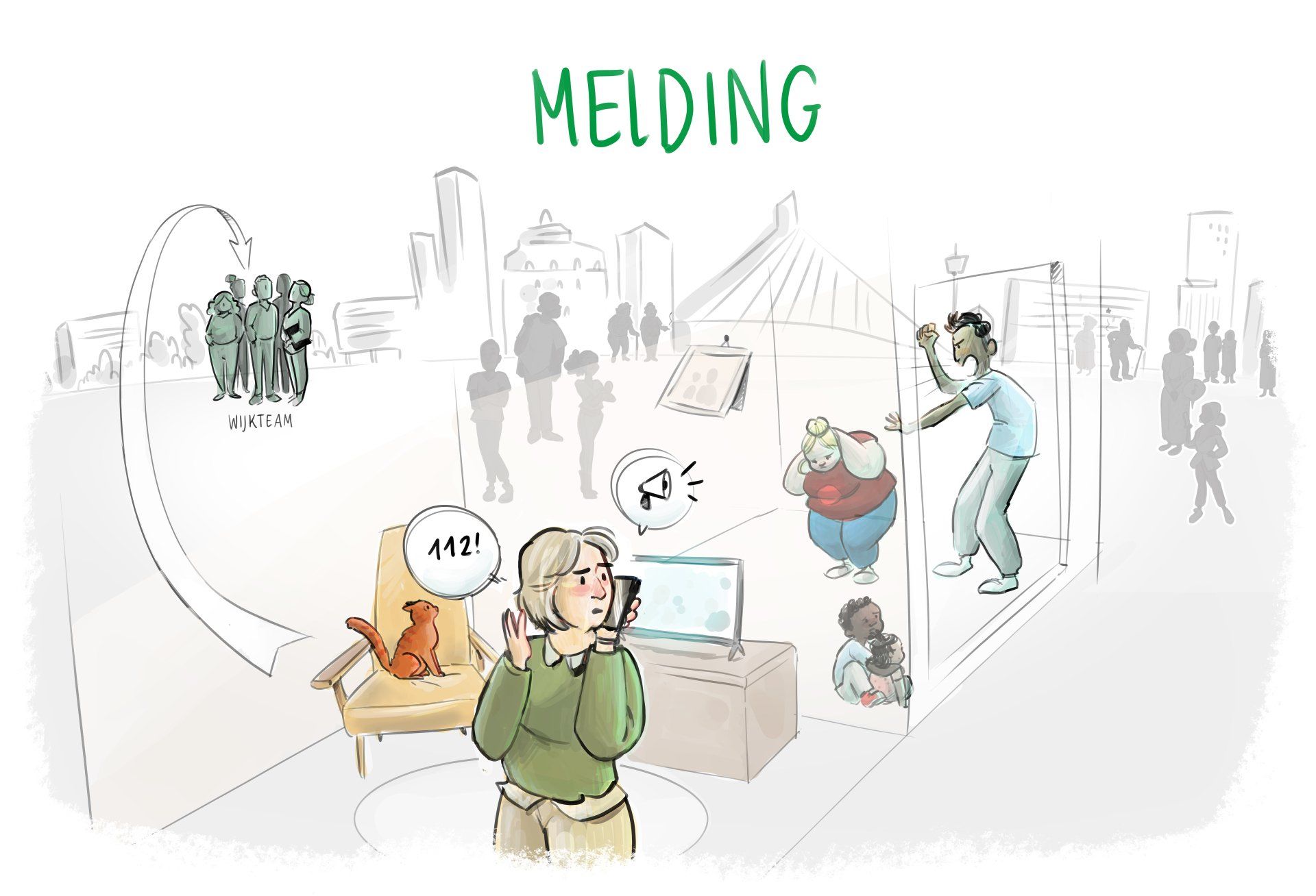 Vrouw aan de telefoon, aan het rapporteren; diverse stadsgezichten, mensen, huisdieren en een laptop. Groene tekst