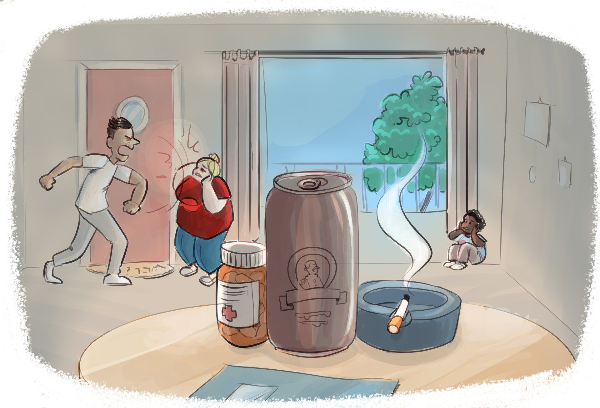 Een interieurscène met sigarettenrook, medicijnen en een schreeuwende persoon. Een kind en twee andere volwassenen zijn aanwezig.