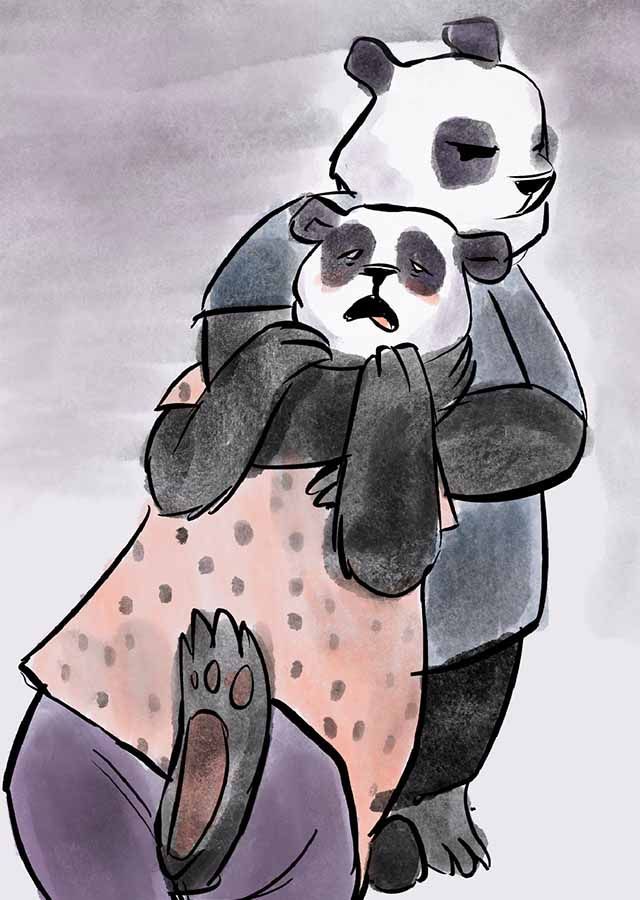 Twee panda's knuffelen elkaar, de ene in een roze shirt met stippen, de andere in een grijs shirt. Eén van hen kijkt bezorgd.