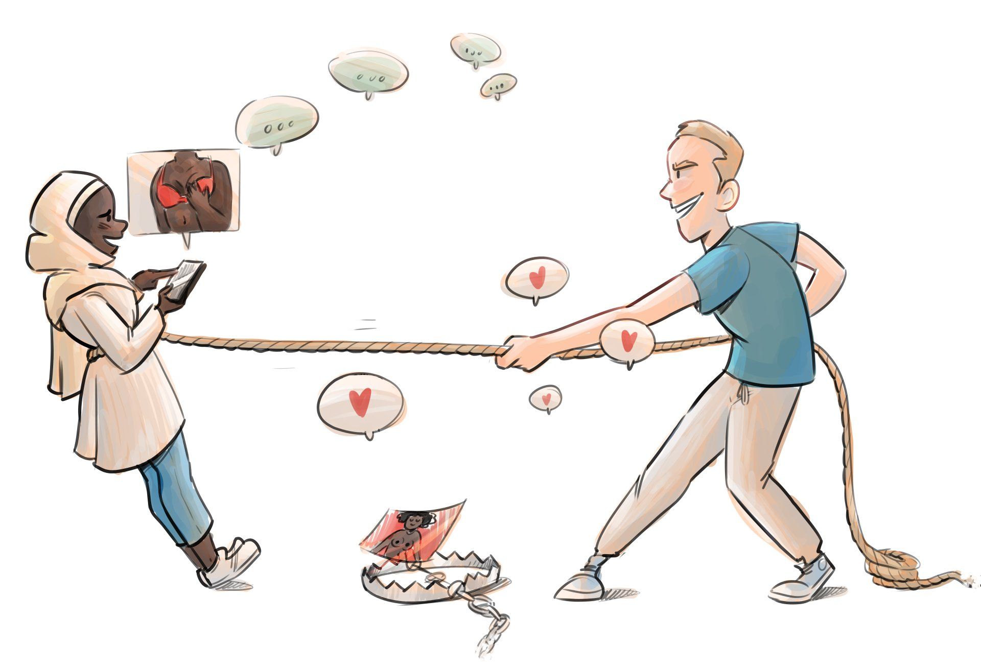 Een vrouw die aan het bellen is en een man strijden om likes, terwijl hartjesemoji's in het rond vliegen.