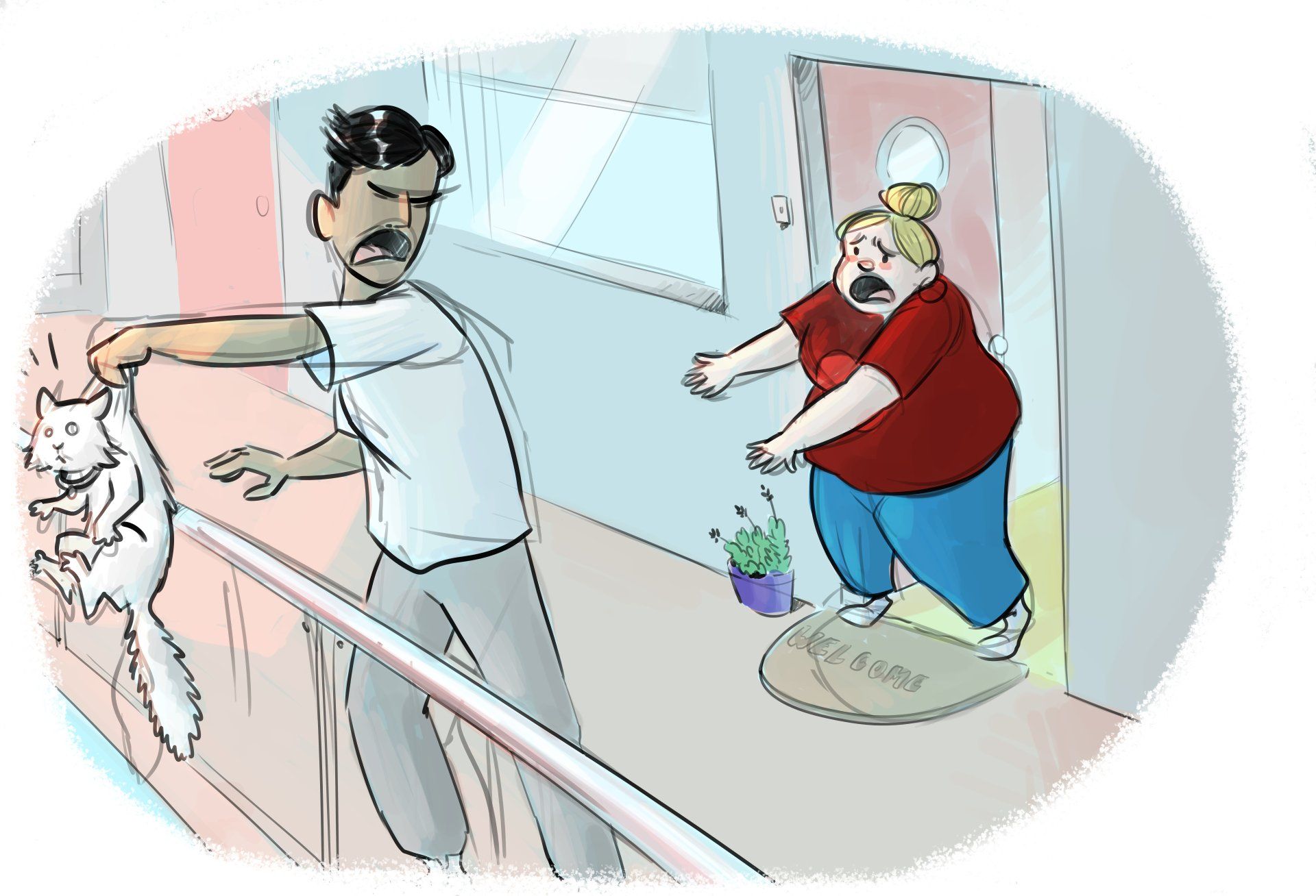 Man houdt een kat bij een vrouw vandaan, gang. De vrouw kijkt paniekerig, deur op een kier, potplant, deurmat.