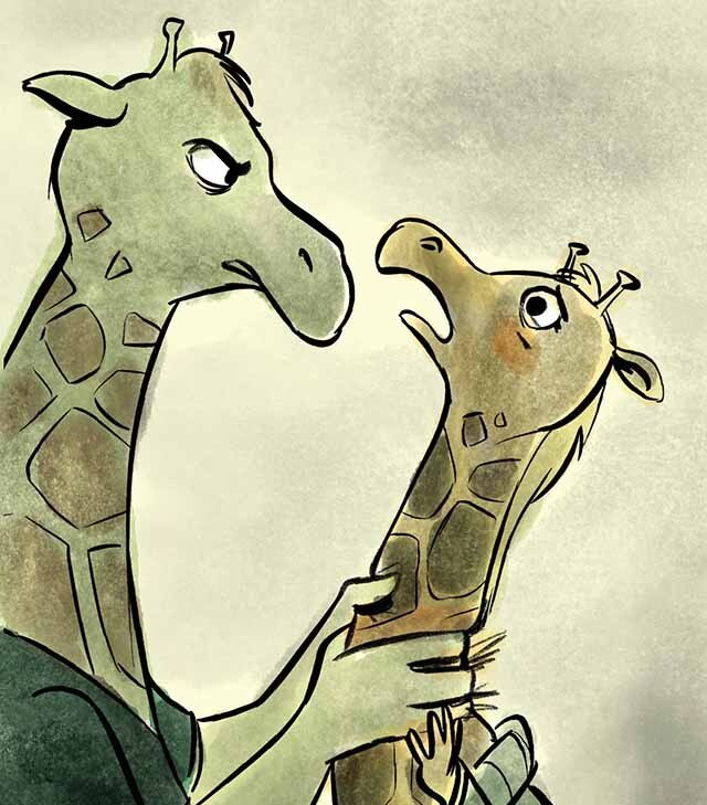 Twee giraffen; de ene kijkt boos en wurgt de andere.