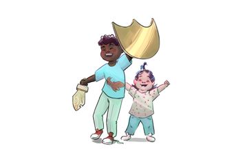 Twee kinderen juichen, de ene houdt een gouden schild vast en de andere heeft zijn armen omhoog, beiden met een brede glimlach.