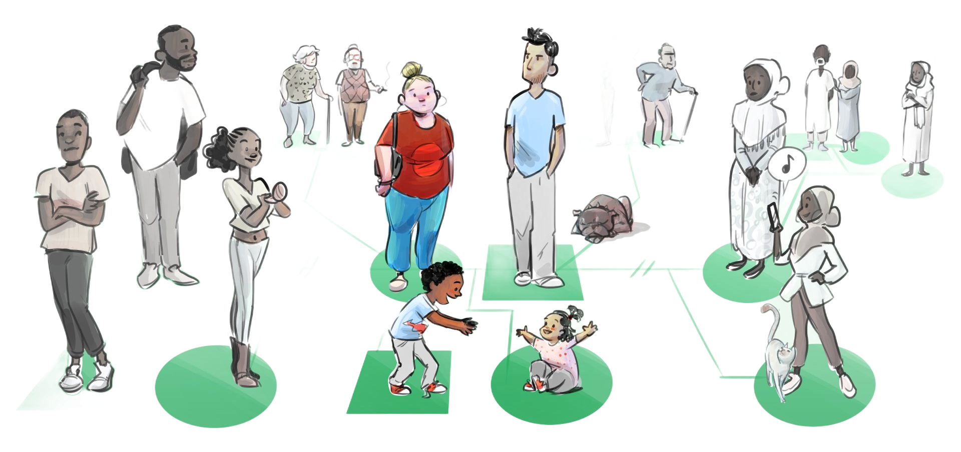 Een illustratie van een stamboom met mensen van verschillende leeftijden, verbonden door lijnen op groene platforms.