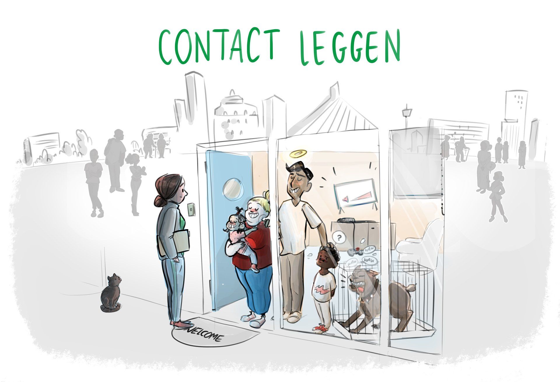 Mensen die met elkaar in gesprek zijn in een gebouw met verschillende stands. Bovenaan staat de tekst 