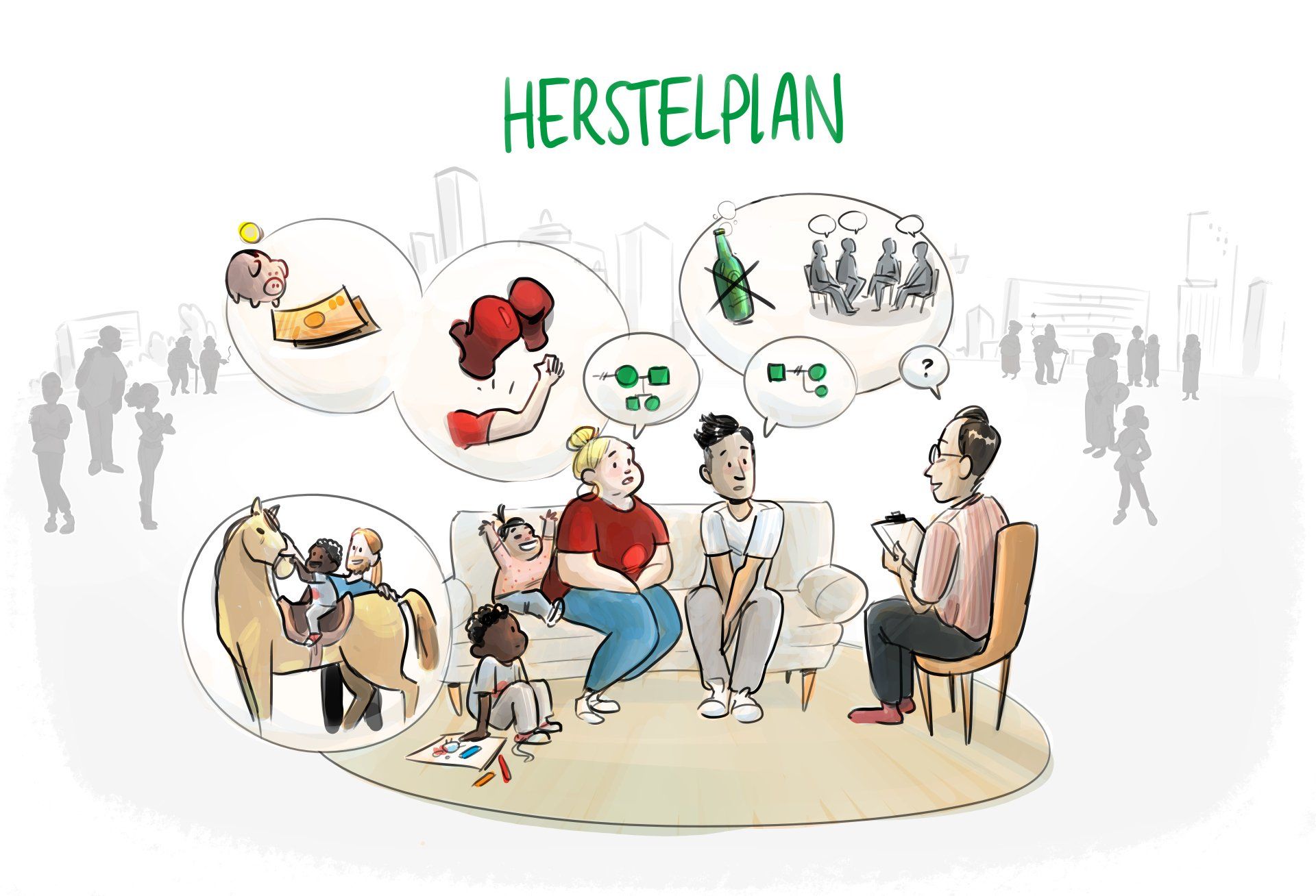 Mensen bespreken het herstelplan, waarbij bubbels activiteiten weergeven. Boven de bubbel staat de tekst