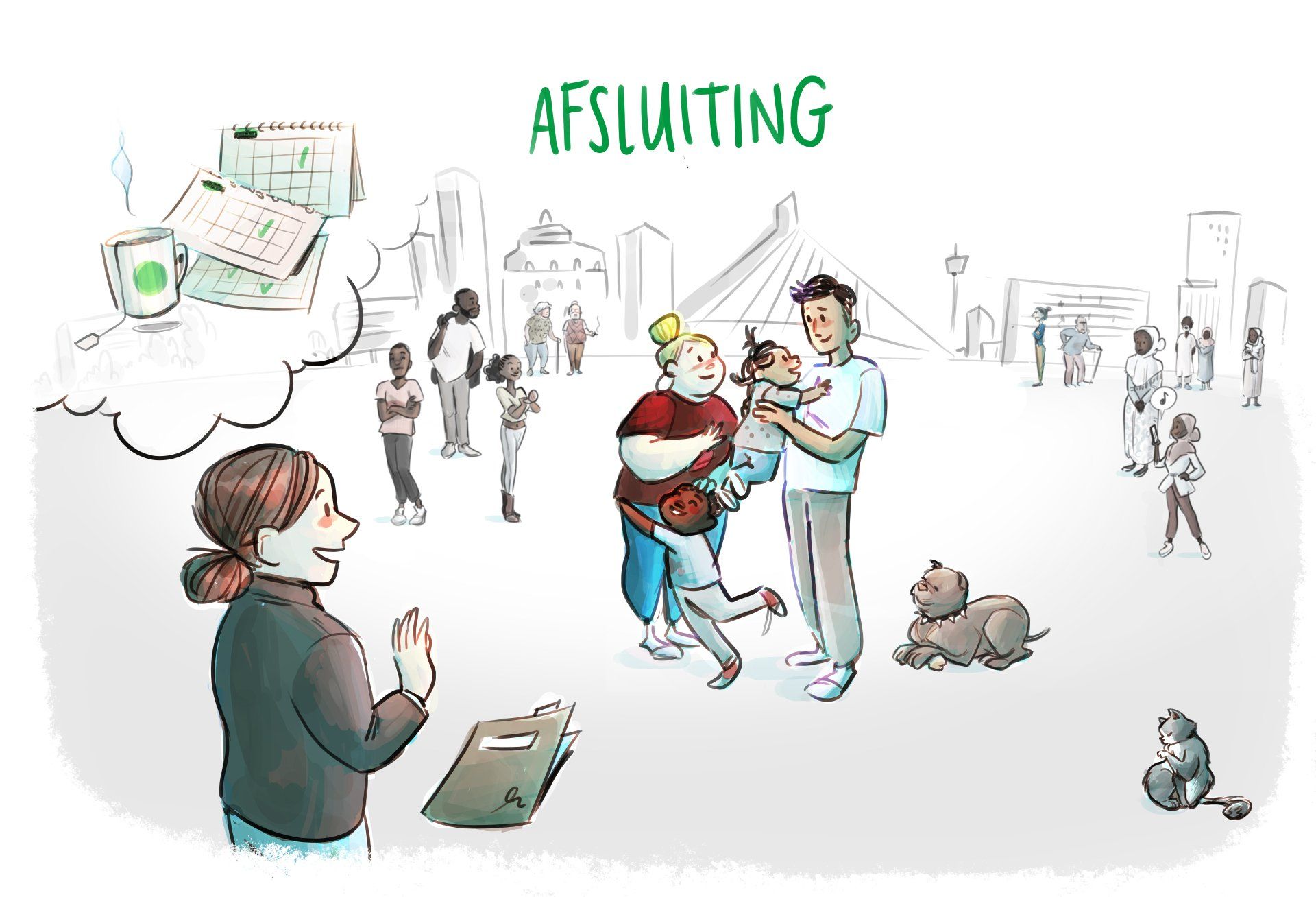 Illustratie van een vrouw die dagdroomt over haar werk, terwijl een stel een hond aait en mensen door een stad wandelen.