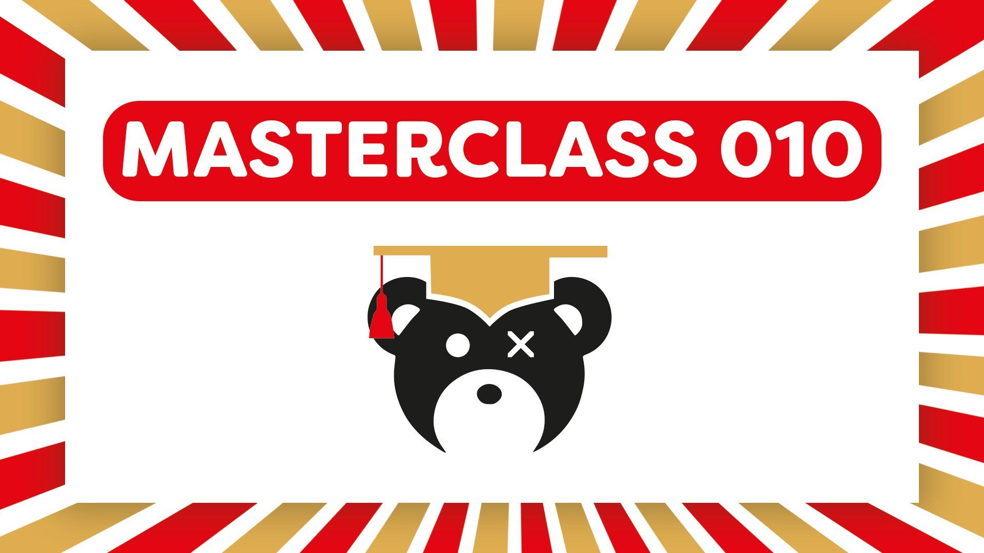 Logo van Masterclass 010: beer met afstudeerhoed. Rode en gouden gestreepte rand.
