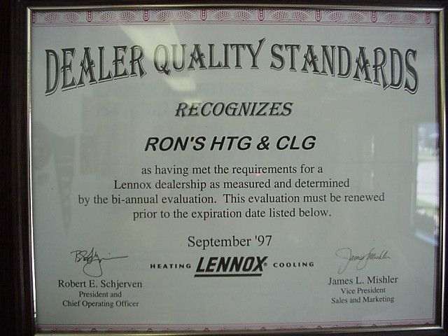 Certificate from Lennox recognizing Ron's HTG & CLG as meeting dealer quality standards, dated September 1997.