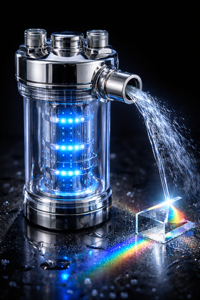 A glowing water filter with a stream of water refracting light into a rainbow against a black backdrop.