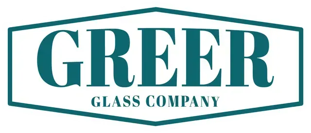 Greer Glass Company logo in teal and white with stylized banner border