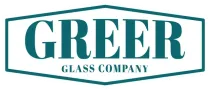 Greer Glass Company logo in teal and white with stylized banner border