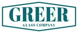 Greer Glass Company logo in teal and white with stylized banner border