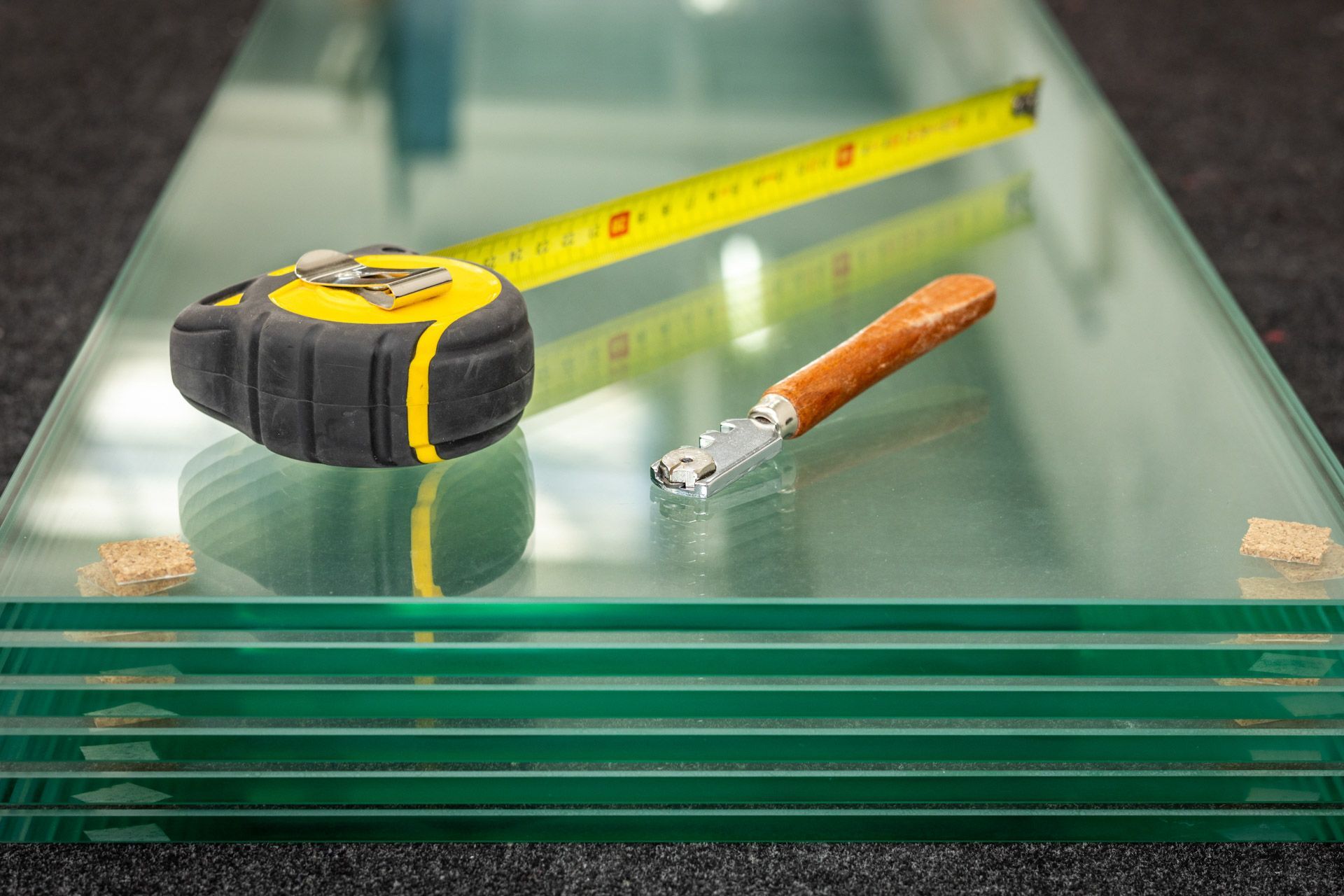 Tape measure and cigarette butt on stacked glass panes, suggesting a safety or construction setting