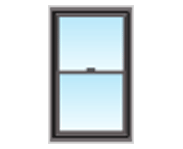 A picture of a single hung window with a blue sky in the background.