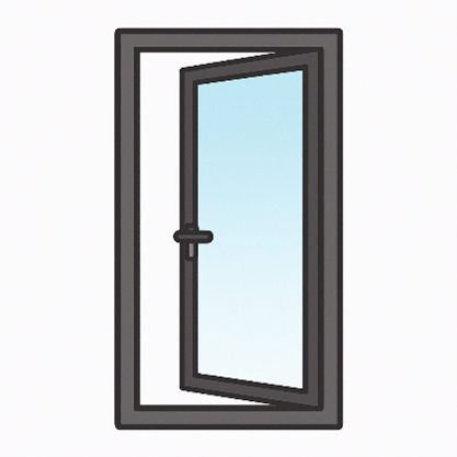 A cartoon illustration of an open door with a glass window. A cartoon illustration of an open door with a glass window.
