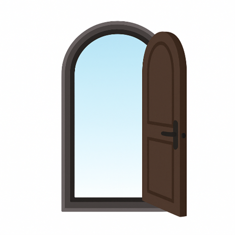 A cartoon illustration of an arched window with an open door. A cartoon illustration of an arched window with an open door.