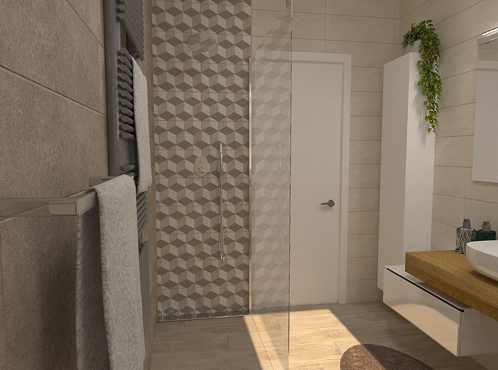 Bagno moderno con doccia piastrellata, parete divisoria in vetro, porta bianca, pianta sospesa e lavabo con mobiletto.