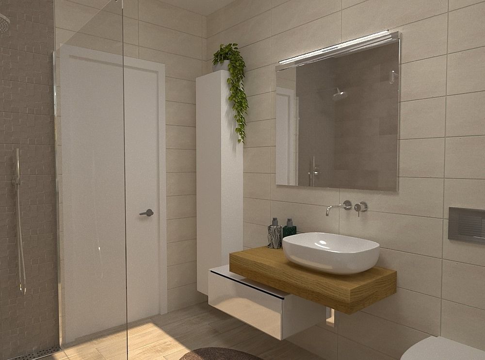 Luminoso bagno moderno con pareti piastrellate, mobiletto in legno, lavabo a ciotola, specchio e pianta sospesa.