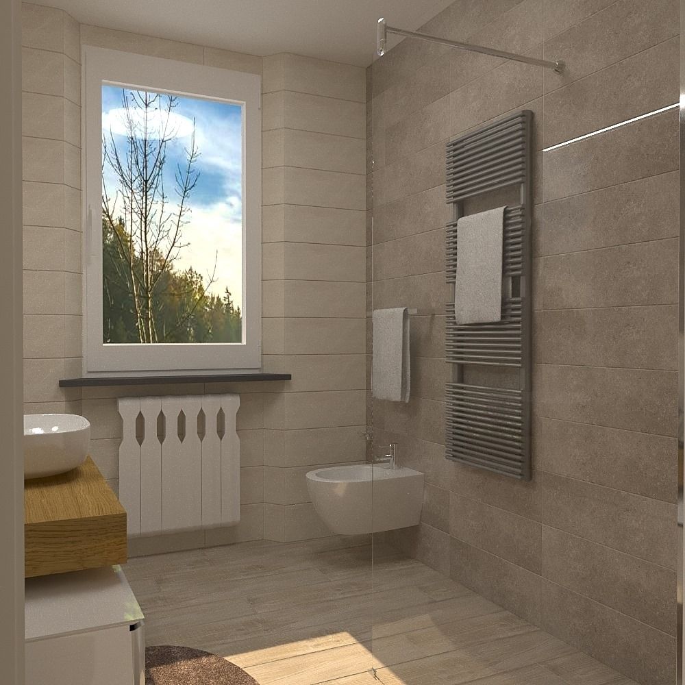 Luminoso bagno moderno con pareti piastrellate, finestra, lavabo, termosifone e scaldasalviette a parete.